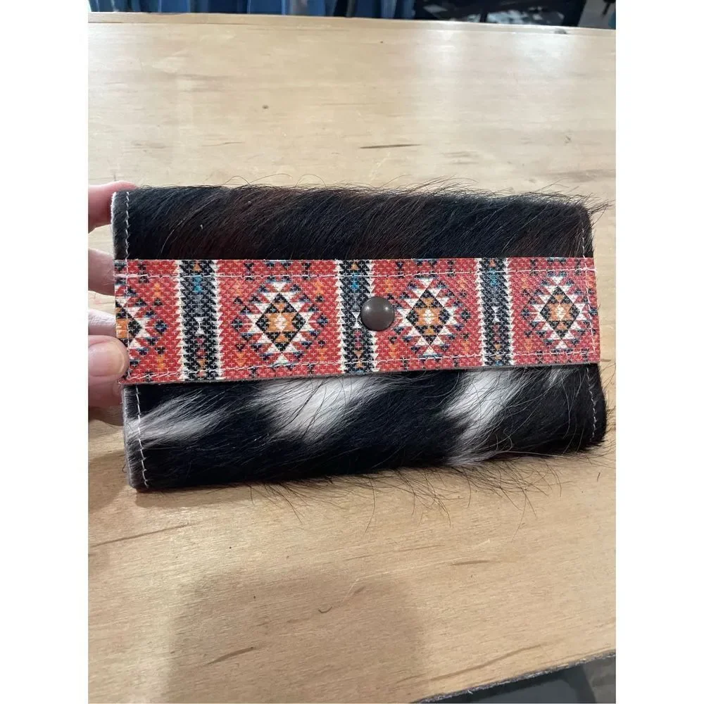 New Leather Pony Hair Clutch Wallet with Aztec EmDerail Rodeo Western
